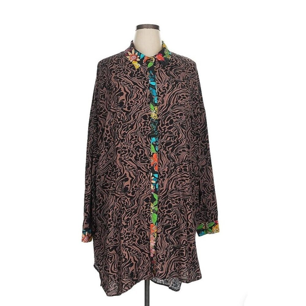 Johnny Was Animal Print Floral Trim Oversized Button Down Tunic Shirt XL Boho